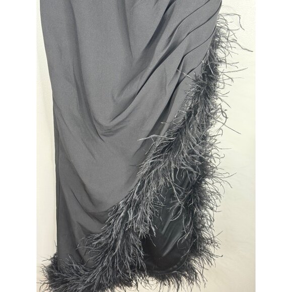 Mac Duggal Black Sleeveless Faux Wrap Dress Feather Trim Size 6 11626 NWT - Picture 4 of 5